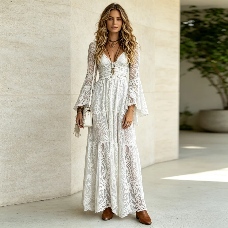Sexy Damenkleid mit Spitze, bodenlang, ausgeschnitten, figurbetont, hohe Taille, elegante ausgestellte Ärmel, Strandkleid für den Sommer