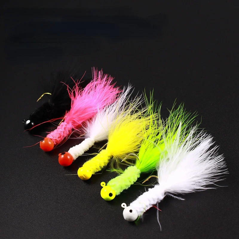 Fishing Crappie Jig Heads 5PCS Marabou Feather Jig Head Hooks Fishing Lures Kit for Walleye Panfish Sunfish Bluegill Perch Bait