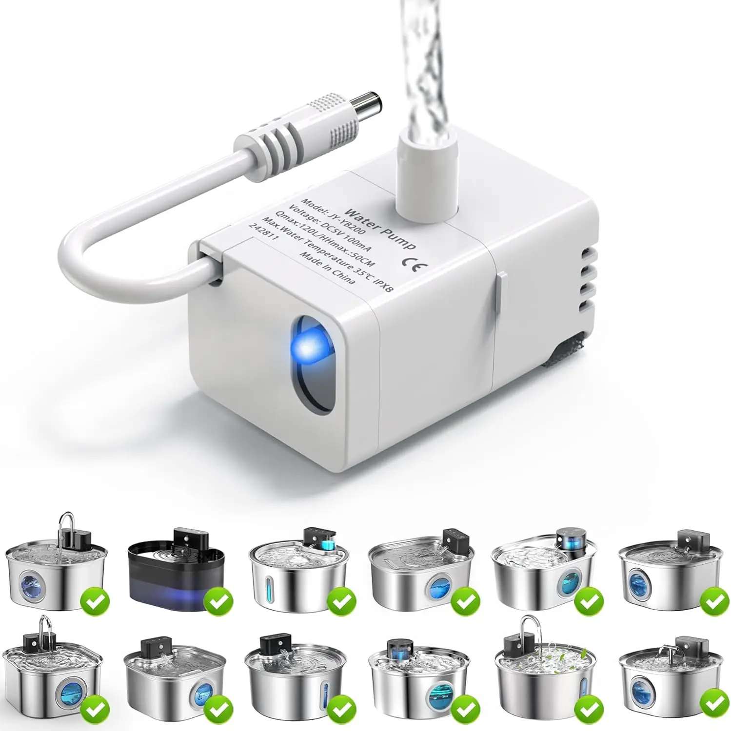 Cat Fountain Replacement Pump, LED Auto Power Off Light, Ultra Quiet Filter Pump Fit 2.2L/3.2L Smart Pet Water Dispenser