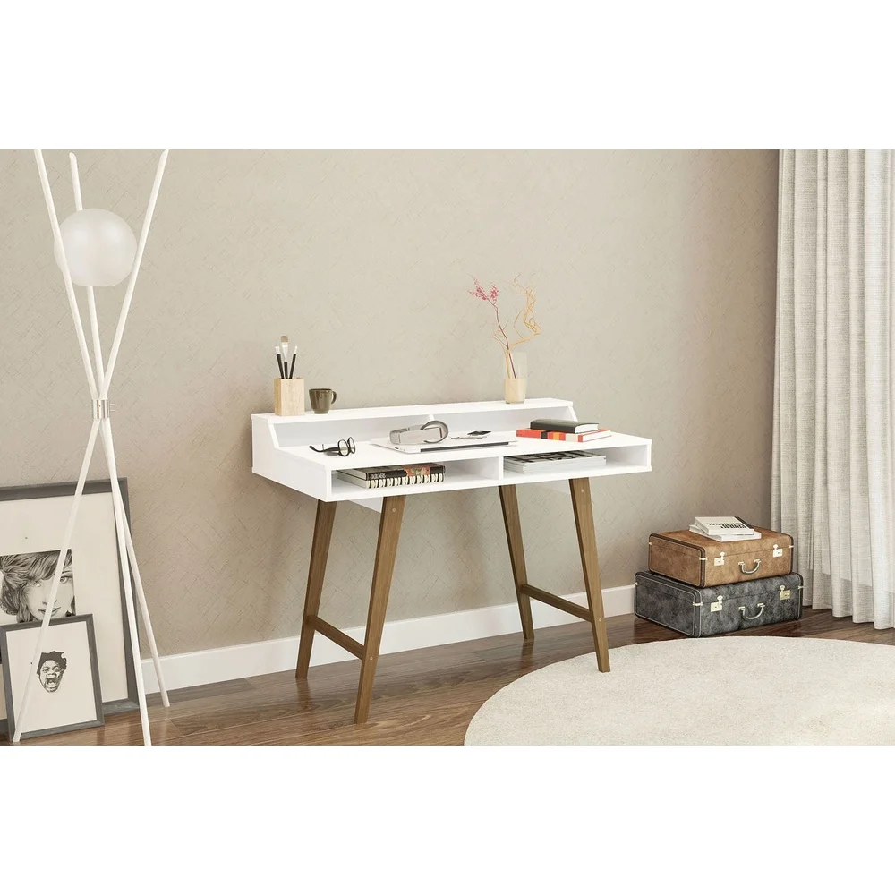 Modern Writing Desk with Storage Elevated Shelf and Open Cubbies Home Office or Student Use Scratch Resistant Water Resistant