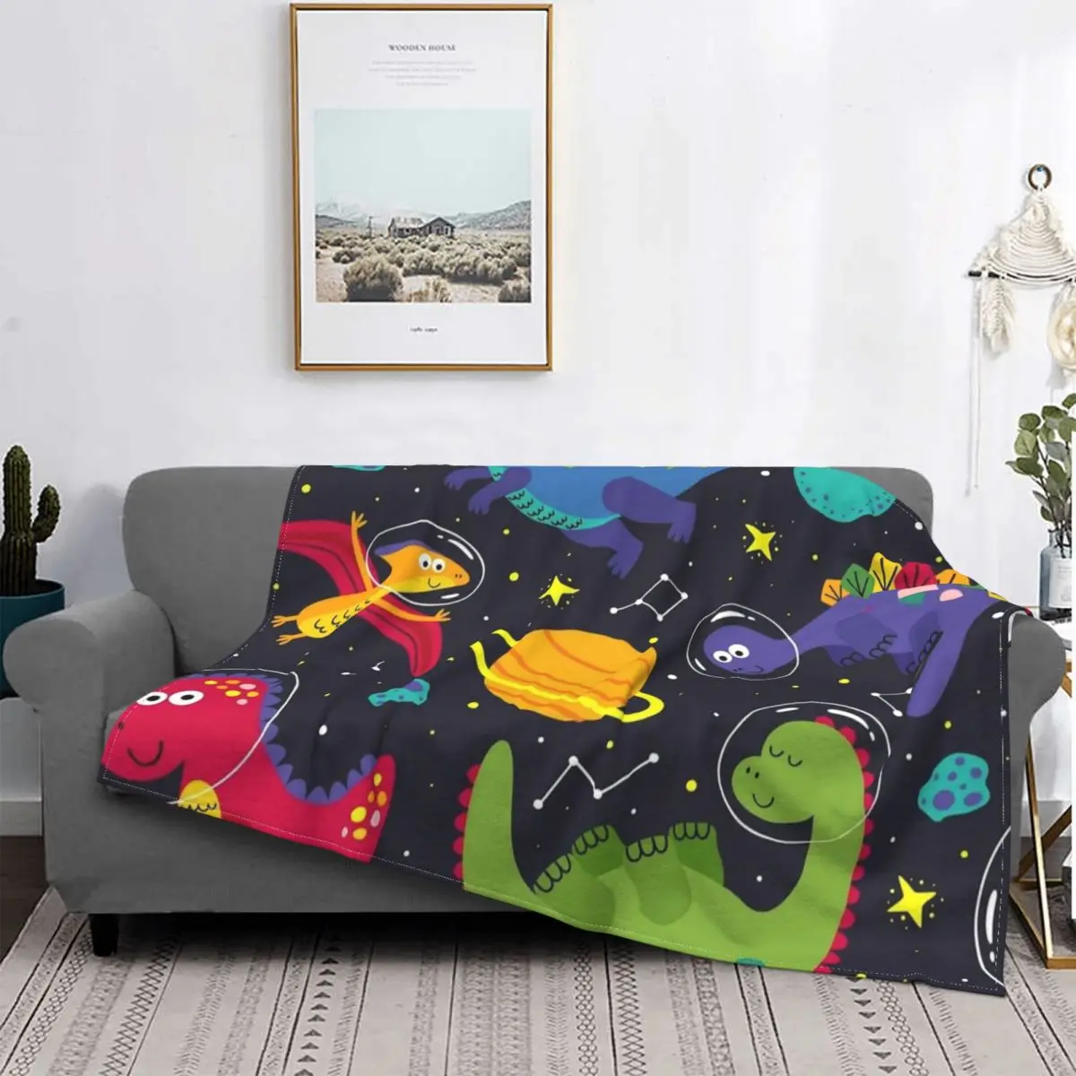 Cute Dinosaur Seamless Blankets Dino Cartoon Space Flannel Awesome Breathable Throw Blanket for Bedding Lounge Spring/Autumn