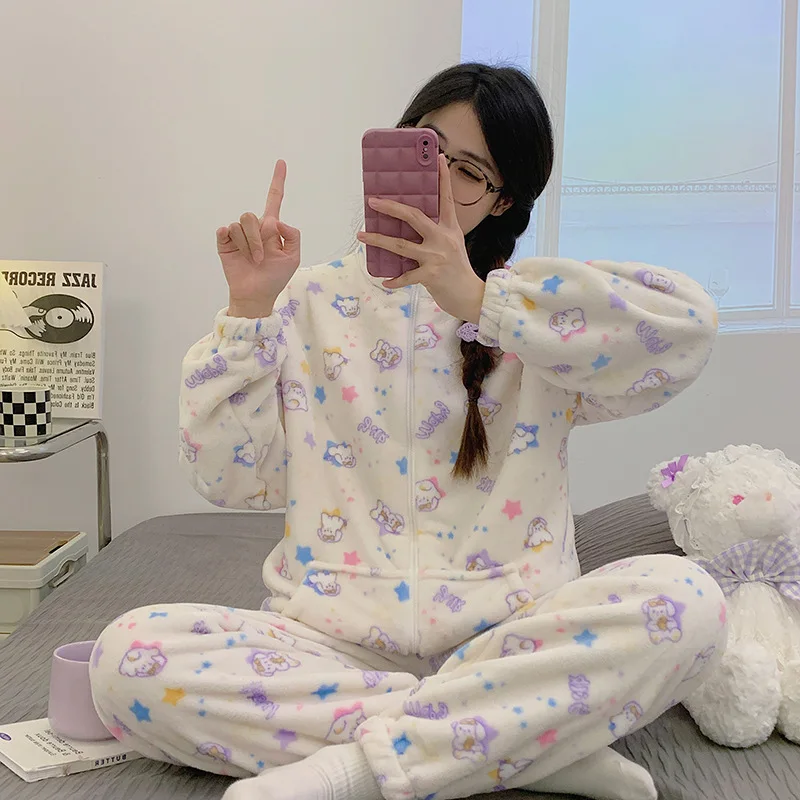 

Студенческие корейские пижамы с героями мультфильмов, женские осенне-зимние новые кавайные аниме, толстый теплый комплект домашней одежды, модная удобная милая одежда