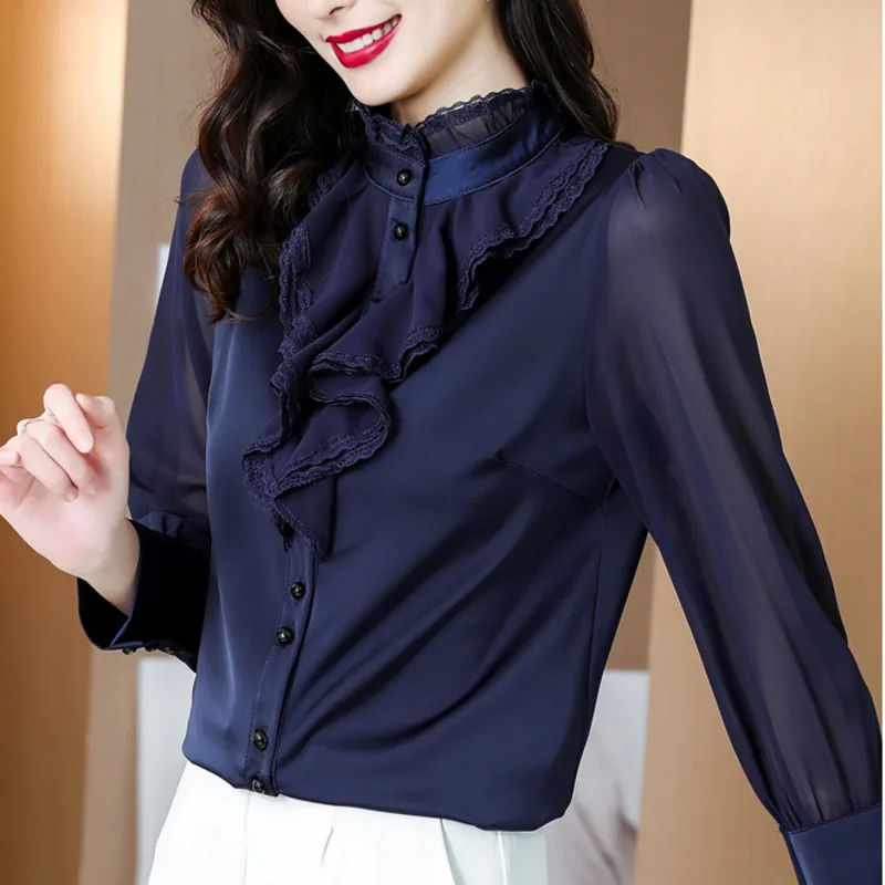 #2539 Spring2023 Blue Office Chiffon Blouse Women Ruffles Stand Collar Vintage Shirt Female Long Sleeve Office Women Shirts Slim