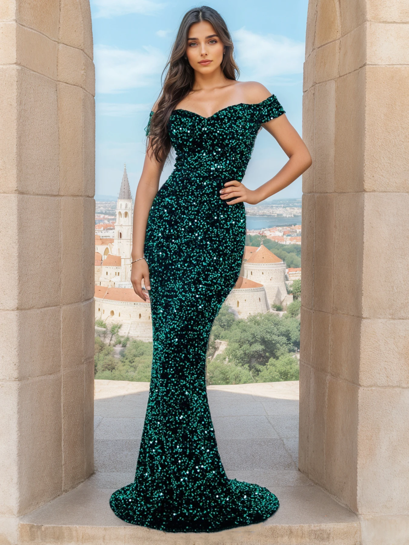 Slash Neck Luxury Evening Prom Dress Green Sequin Stretch Women Floor Length Mermaid Bodycon Sleeveless Club Party Dresses