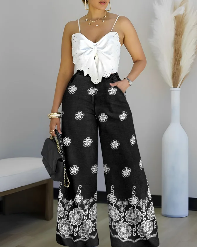 

Two Piece Set Women Outfit 2025 Summer Embroidered Bow Strap Zipper Back Crop Top & Tribal Print High Waist Wide Leg Pants Set
