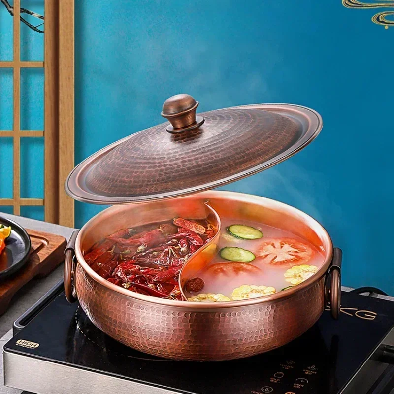 Yin Yang Handcrafted Pure Copper Hot Pot Double Flavor Soup Stock Pot Traditional Chinese Style Induction Safe Casserole Dish