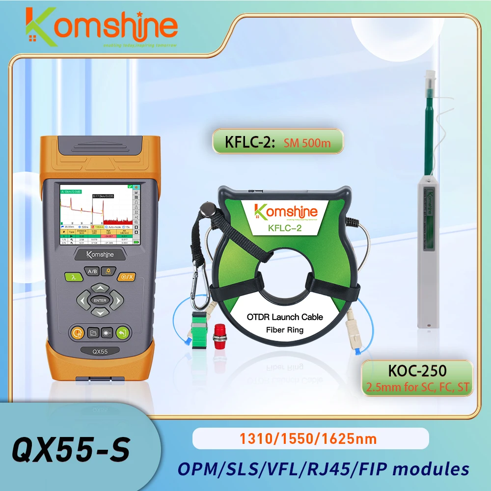 

KomShine FTTH QX55 OTDR 1310 нм, встроенный 10 мВт VFL, измеритель мощности, волоконно-Волоконный резчик 1:16. SM OTDR волоконное кольцо 500 м. Очиститель 2,5 мм