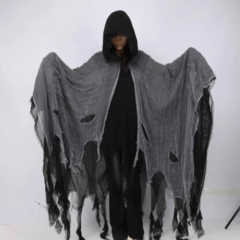 Kapuzen-Schädel-Kostümmaske, grauer zerrissener Umhang, gruselige Horror-Robe, Erwachsenen-Halloween-Cosplay, Geisterparty, Bühnenshow, Messeveranstaltungs-Outfit – Detail 2