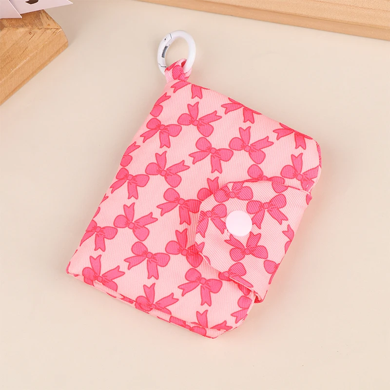 Girls Sweet Storage Bag For Women Bow Print Pink Coin Purses Canvas Small Zipper Wallet Card Holder