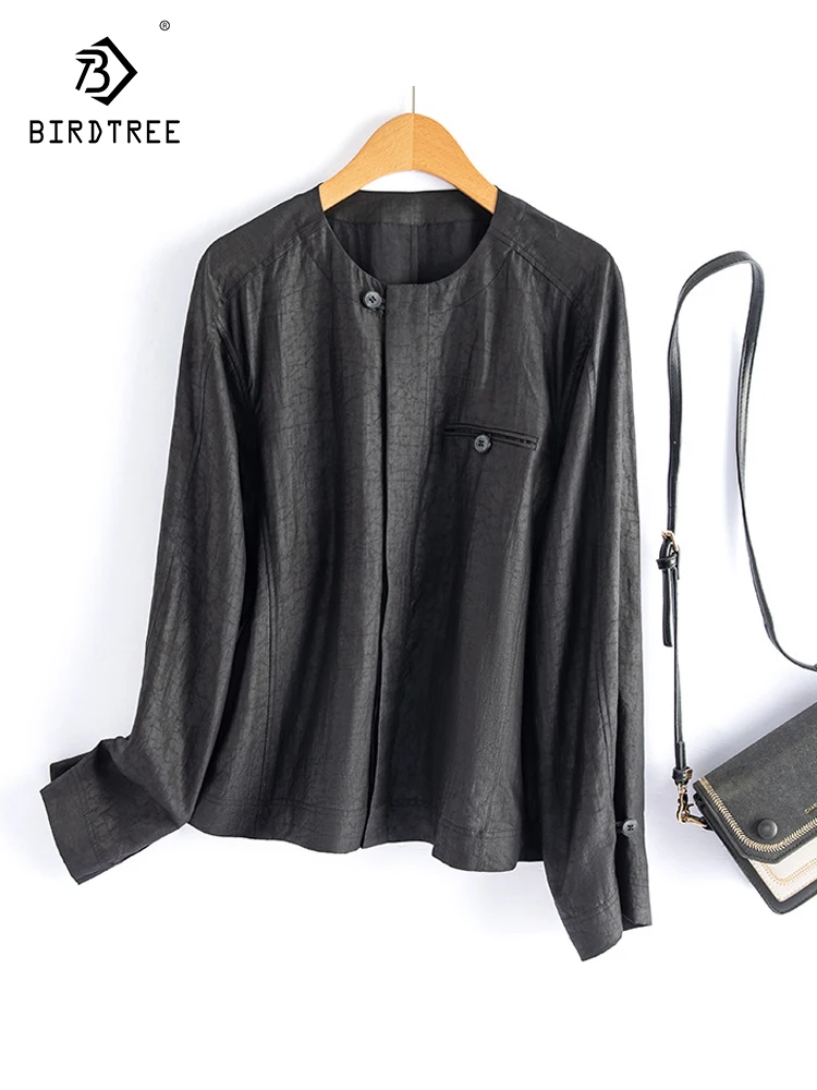 

Birdtree 100%Mulberry Silk XiangYunSha Shirts For Women Long Sleeve Vintage Temperament Black Blouses 2024 Spring New T41324QC