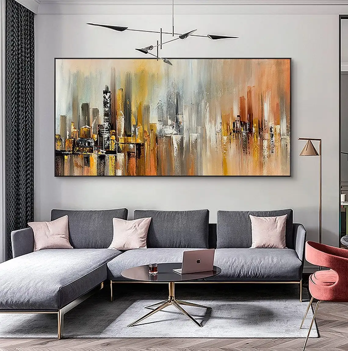 

Cityscape Landscape Brush Stroke Handmade Oil Painting on Canvas Architecture Artwork Large Abstract Home Wall Art Orange Color