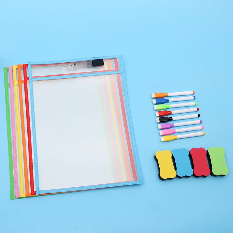 

Dry Erase Pockets, 10pcs Reusable Dry Erase Sleeves with Marker Holder, Colorful Dry Erase Pocket Sleeves for School Students