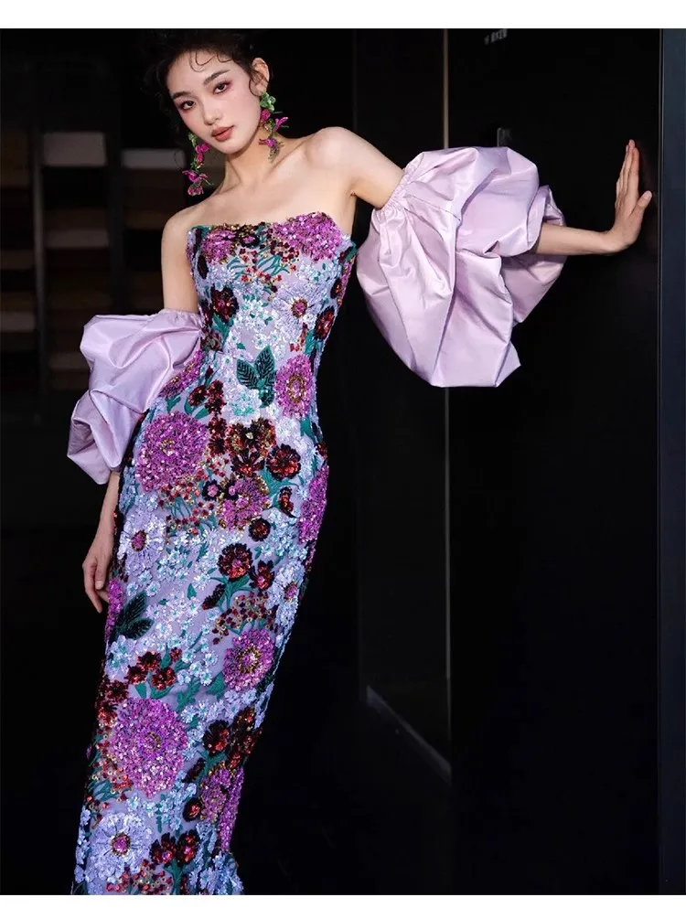 New Arraivel Floral Sequined Lace Sheath Evening Dresses With Detachable Sleeves Shiny Luxury Bloom Ankle Length Evening Gowns