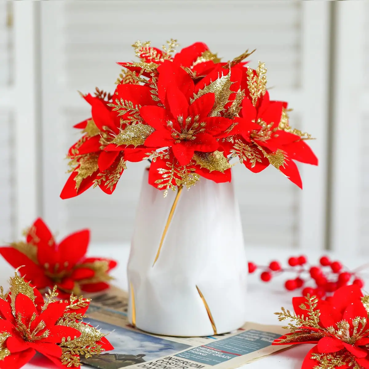 Christmas Artificial Flowers Gold Red Glitter Poinsettia with Clips Xmas Tree Ornaments DIY Wreath Wedding New Year Decorations