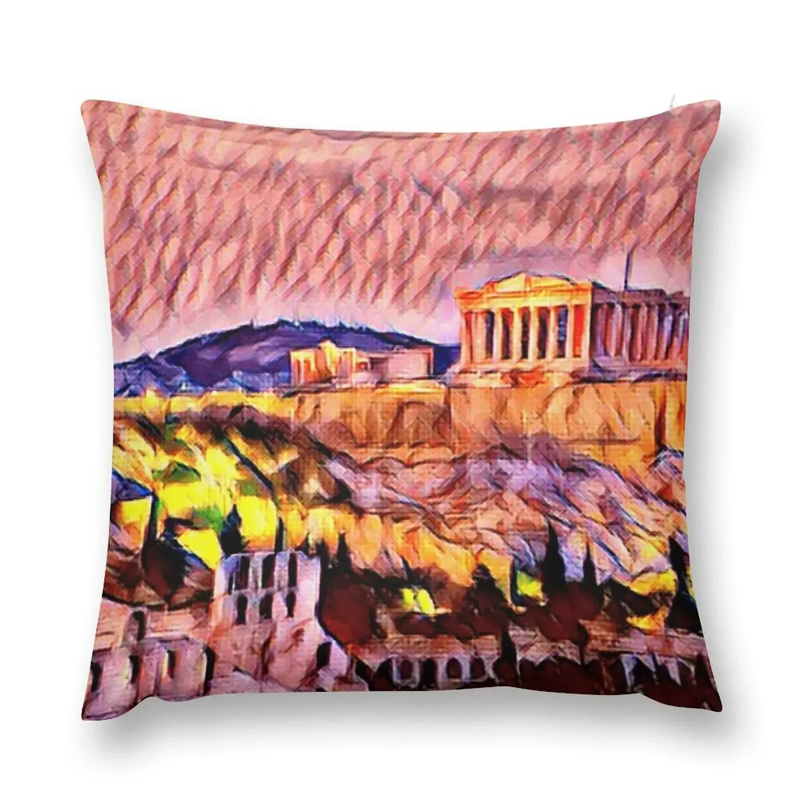 Adventure Calling: The Parthenon, Athens, Greece, Europe - Bright Colorful Modern Illustration Art Print – Abstract Throw Pillow