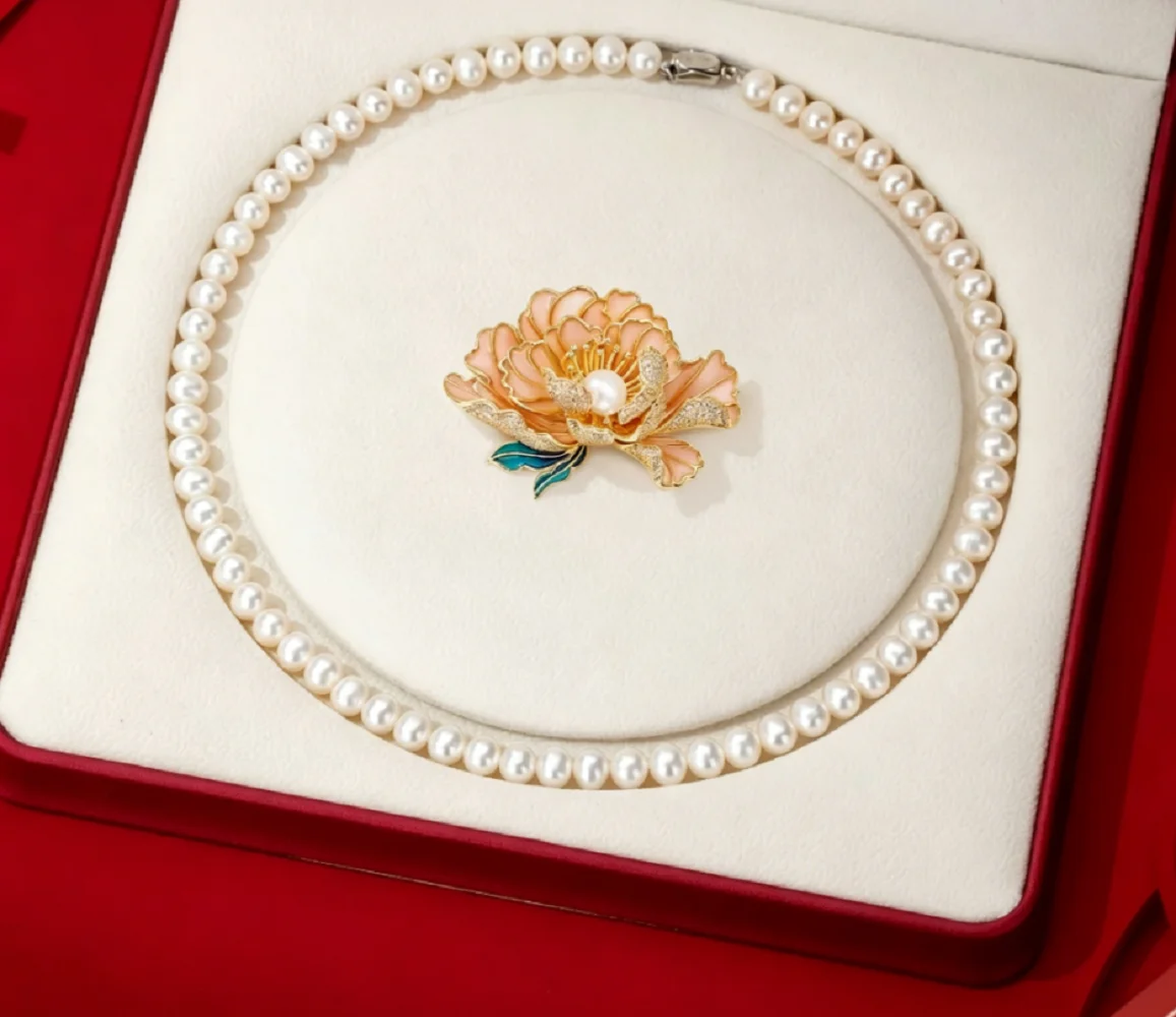 Classic necklace AAAA8-9mm natural pearl necklace18in/925s button and peony pearl brooch