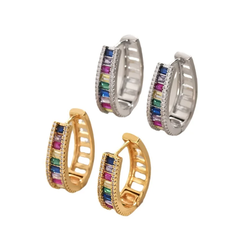 Mystic Rainbow Zircon Stone Geometric Hoop Earrings For Women Fashion Gold Silver Color Wedding Jewelry