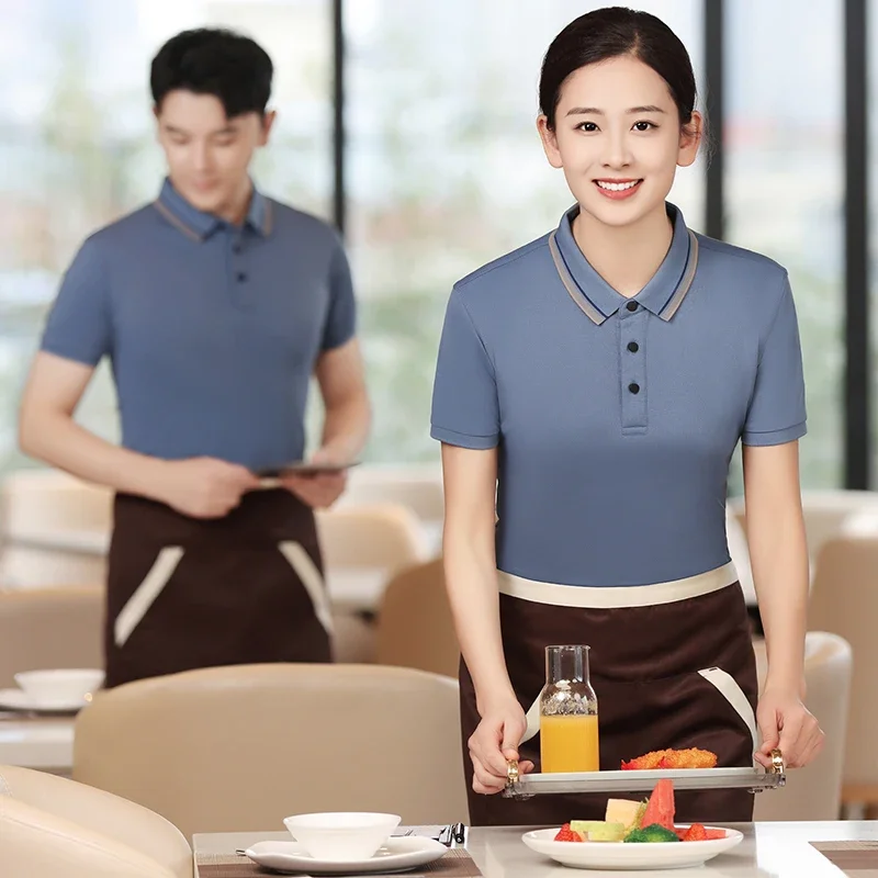 Personalized Uniform for Waiter Men Women Food Service Restaurant Hotel Bar Work Polo Shirt Summer Cotton Lapel Short Shirt Logo