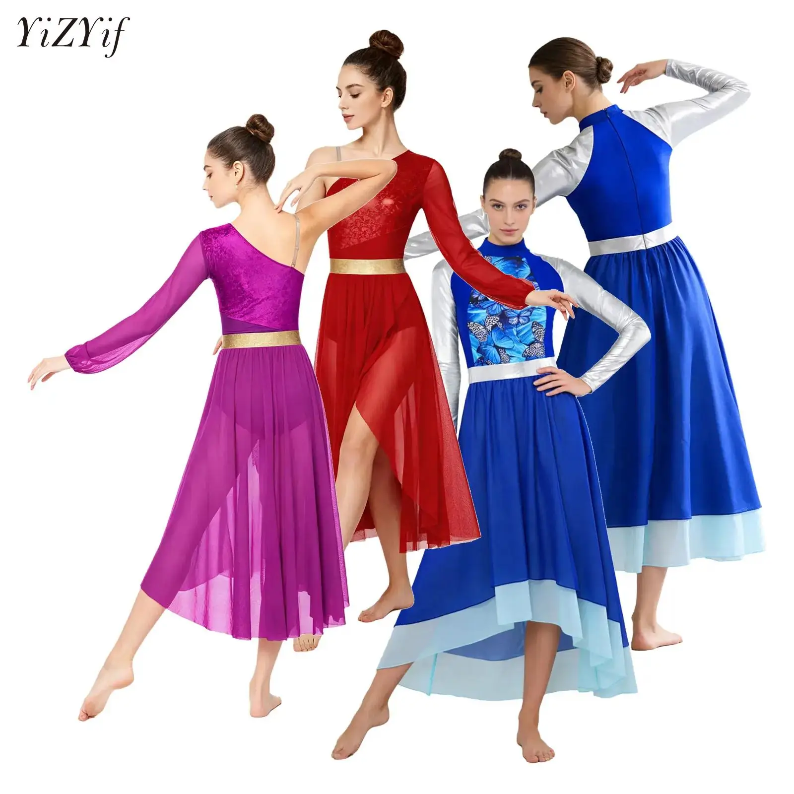 

Praise Liturgical Worship Lyrical Dance Dress Women Single Long Sleeve Metallic Sheer Mesh Dress Leotard Contemporary Dancewear