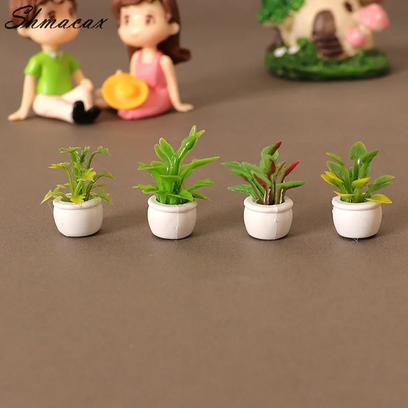 4Pcs 1:12 Dollhouse Miniature Green Leaf Potted Plants Flowerpot Bonsai Model Garden Decor Toy Doll House Accessories