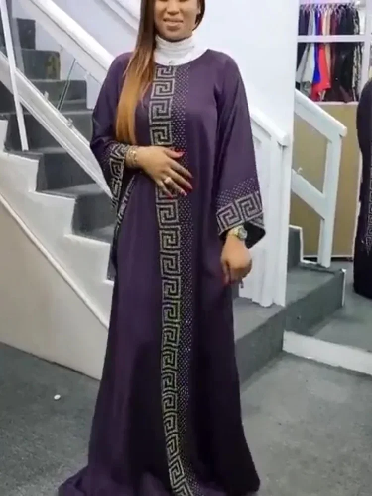 

Elegant Fashion Purple African Dresses Flare Sleeve Diamonds Islamic Clothing Abaya Muslim Robe Long Maxi Party Dress Vestidos