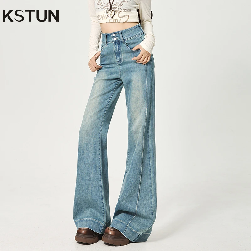 

KSTUN 2026 New Light Blue High Waisted Women's Flared Jeans Stretch Denim Pants Patchwork Vintage Double-breasted Long Trousers