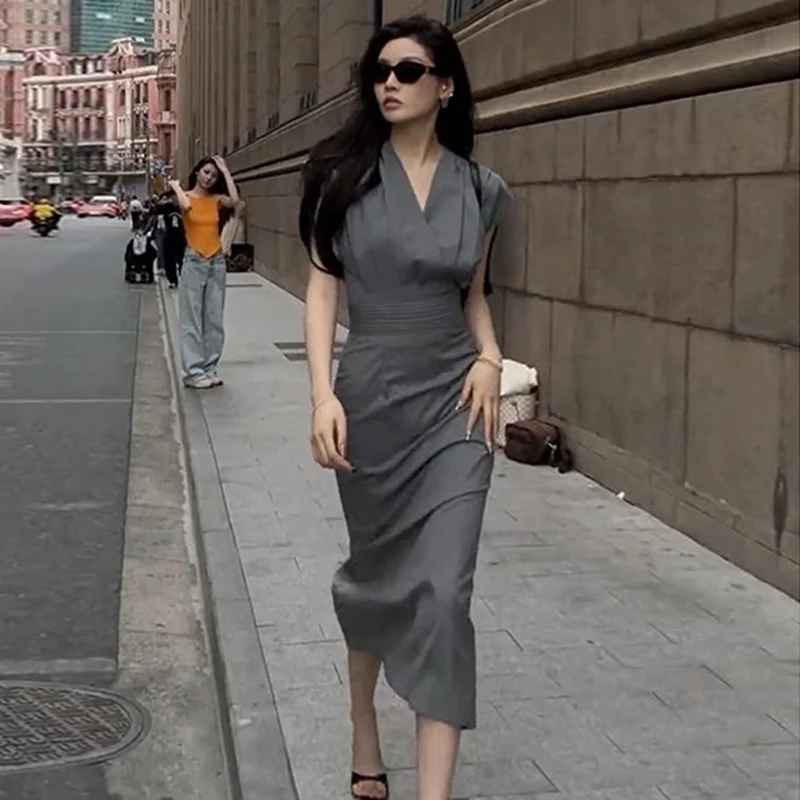 

Women Long Dress 2025 Summer New Fashion Simple V-neck Pleated Slim Fornal Office Lady Work Dress