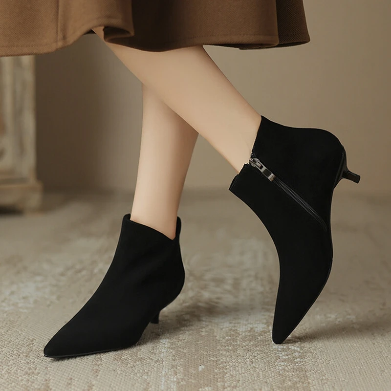 NEW Autumn Women Boots Pointed Toe Kitten Heel Boots Split Leather Shoes for Women Concise Zipper Ankle Boots Solid Winter Boots