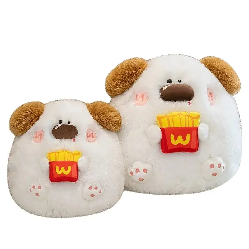 Chubby White Dog Plush Pillow Holding Fries Fluffy Puppy Stuffed Animal Cuddle Dog Cushion Cartoon Children Birthday Presents