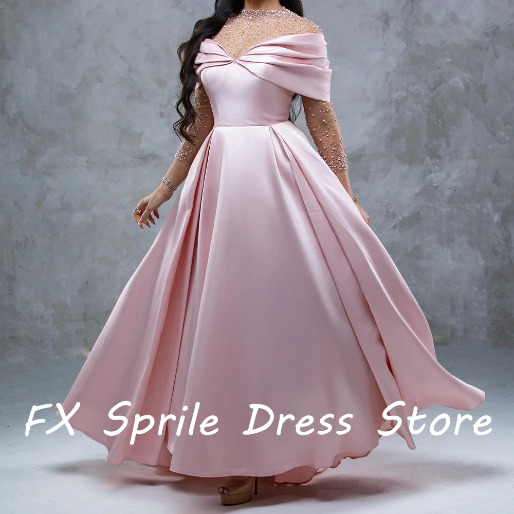 High Collar Long Sleeves Crystal Sequined A-Line Floor Length Zipper Back Solid Color Exquisite Evening Dress Custom Size Woman