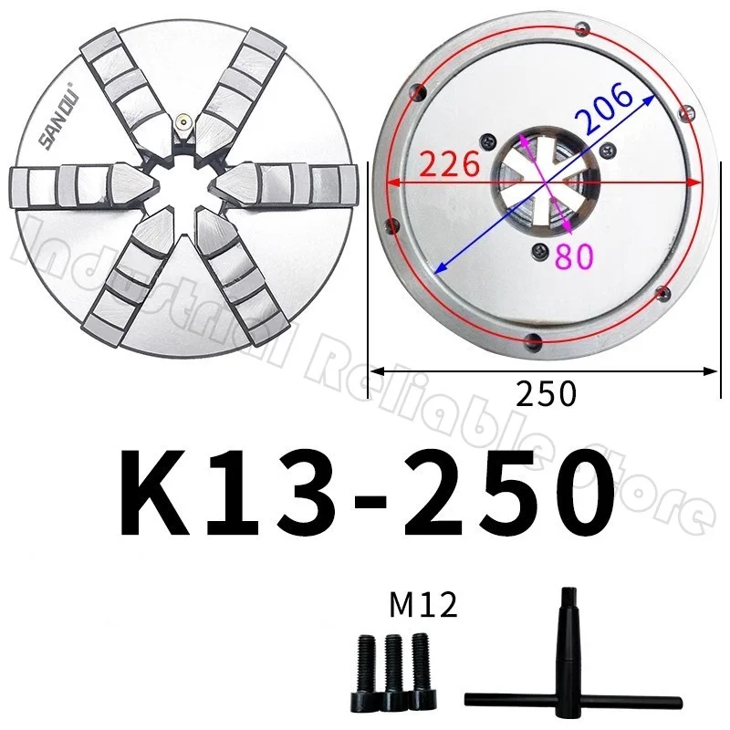 SANOU Brand Lathe Chuck 6 Jaw Self-Centering Scroll Chuck K13-250 Chuck Jaw 10'' For Lathe Machine for Drilling Milling