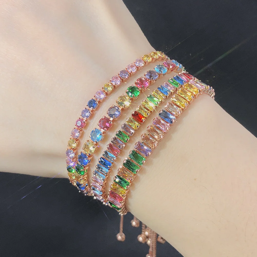 Adjustable Multicolor Tennis Bracelets for Women Ladies Wedding Rainbow Colorful Zircon Charm Bracelet Hand Chain Jewelry DZH043