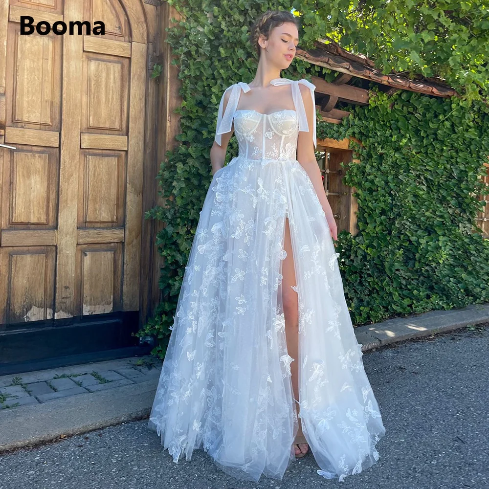 Booma Butterfly Lace Boho Wedding Dresses Sweetheart Bow Straps High Slit A-Line Bridal Gowns Long Bride Dresses Customized