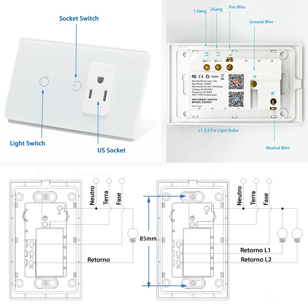 Melery Wifi Smart Tuya Light Switch Intelligent Wall Socket Mexico US Plug Outlet Glass Panel Control by Alexa Google Home