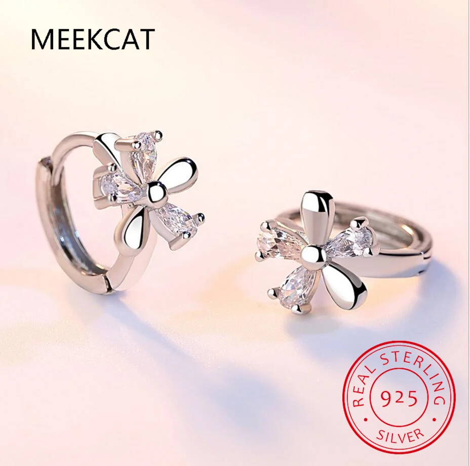 

Real 925 Sterling Silver Fashion Sweet Flower Shiny CZ Hoop Earrings For Women Wedding Fine Jewelry Huggies Aretes DA2491