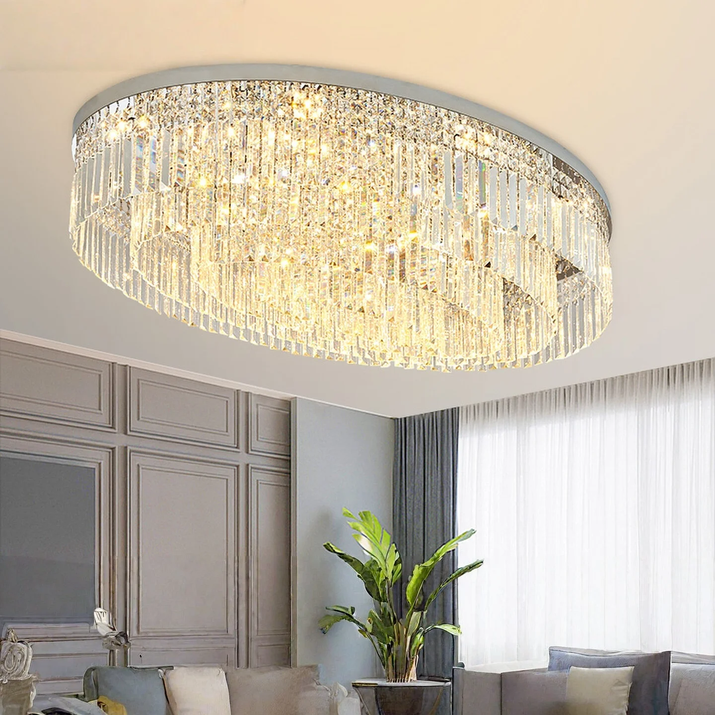 Oval Crystal Living Room Main Light Simple Modern Stainless Steel Ceiling Light Light Luxury Led Light Lobby Large Crystal Light