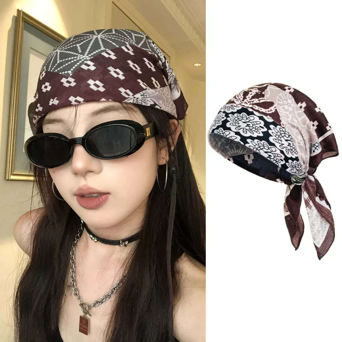 

Retro Square Headscarf Color Matching Plaid Fabric Silk Scarf Headbands Y2k Girl Hip Hop Headwear Hair Accessories Head Scarf