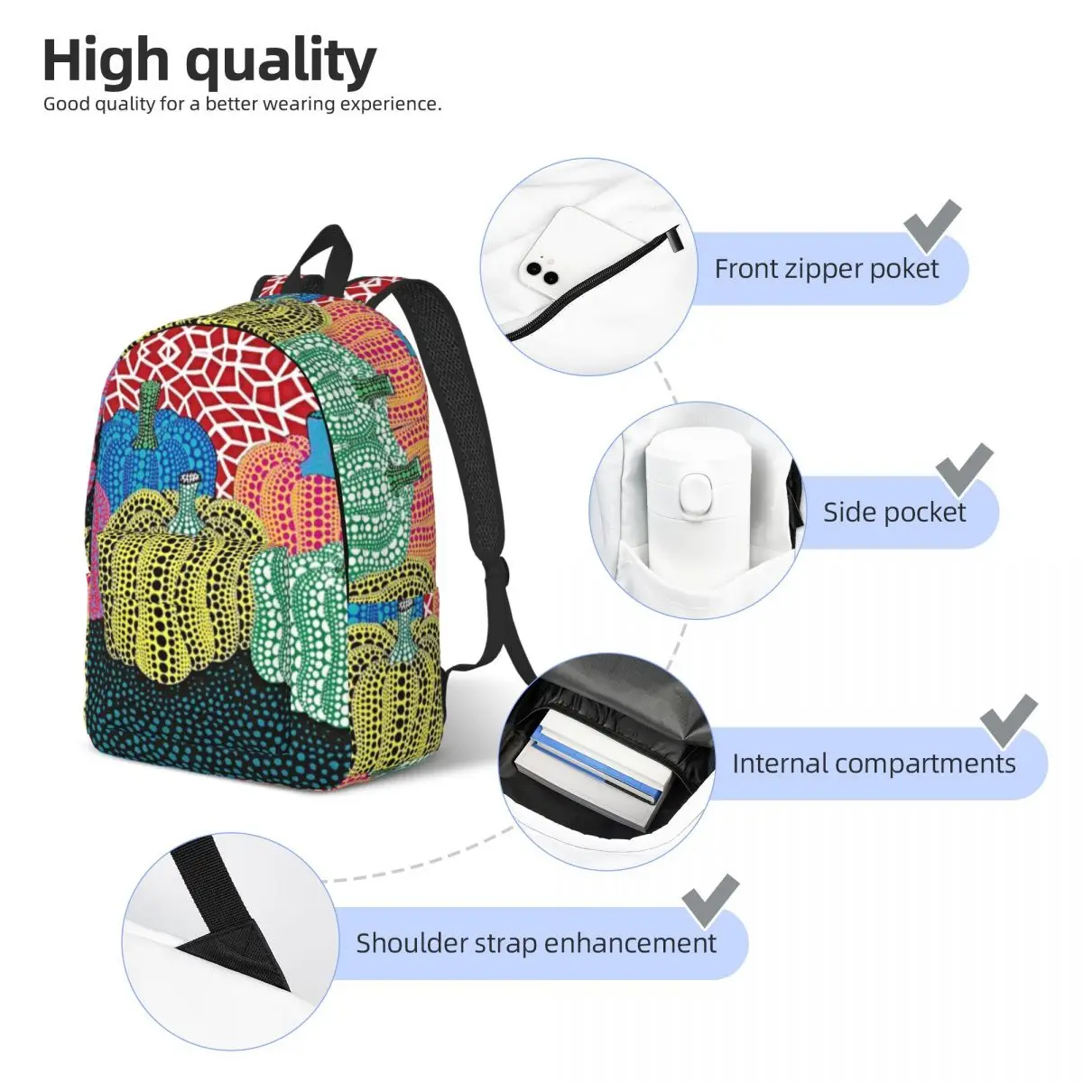 Mochila de lona con estampado de calabaza para hombre y mujer, morral personalizado de tres lunares, impermeable, para colegio universitario, Yayoi