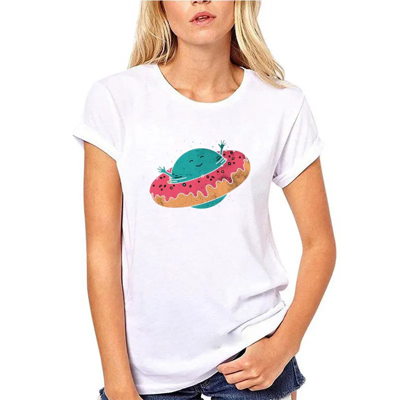 Funny Saturn Loves Doughnut Cotton T Shirt Cute Kawaii Women Fashion Aesthetic Shirt Unisex Short Sleeve Goth Gift Hipster Tops