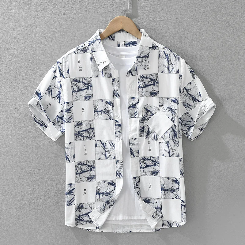 Men's Japanese style trendy printed short sleeved shirt, fashionable and versatile, simple and artistic, casual and loose top