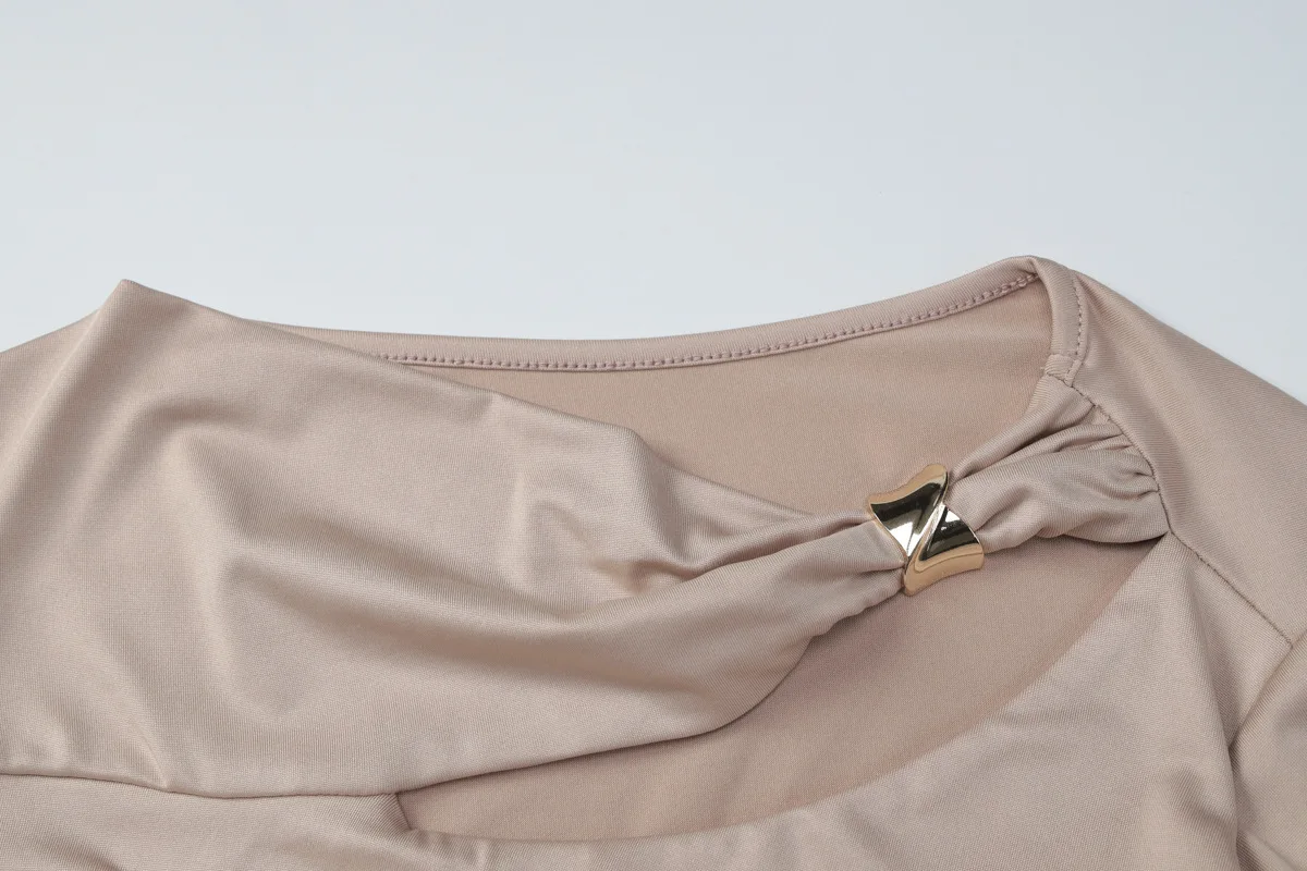 Bangniweigou feminino 2025 outono moda recorte o pescoço cintura fita de manga comprida vestido plissado bege