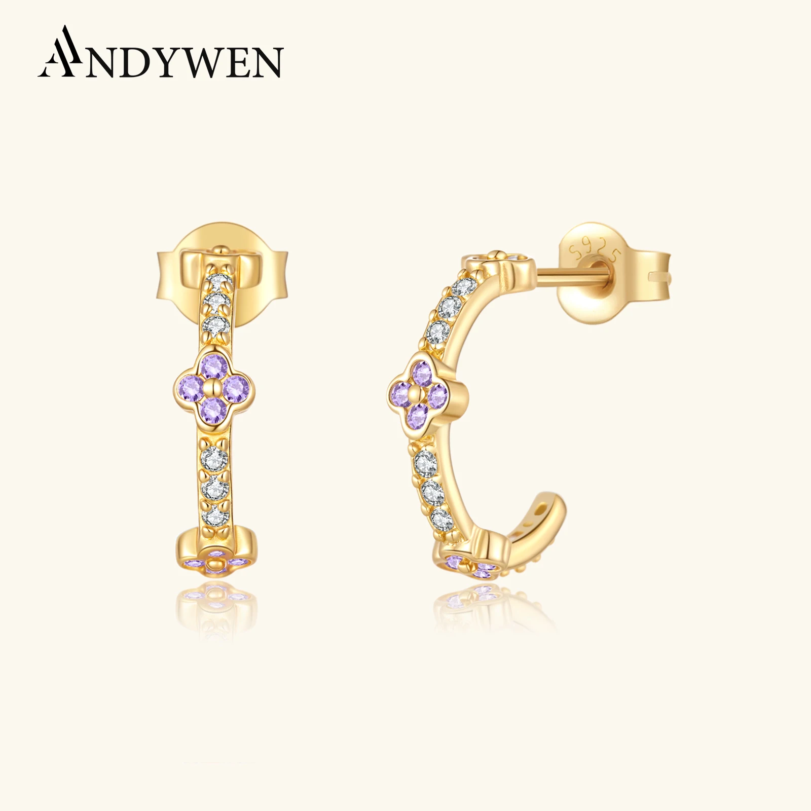 

ANDYWEN 925 Sterling Silver Purple Four-Leaf Flower Hoop Earrings Zircon CZ Luxury Sparkling Delicate Women Gift Jewelry Gift