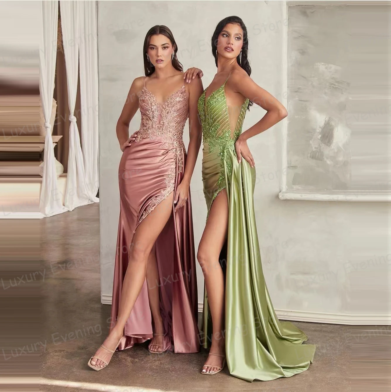 Luxury Evening Dresses V Neck Appliques Women\'s Mermaid Prom Gowns Sleeveless Backless Split Satin Fashion Vestidos Customized