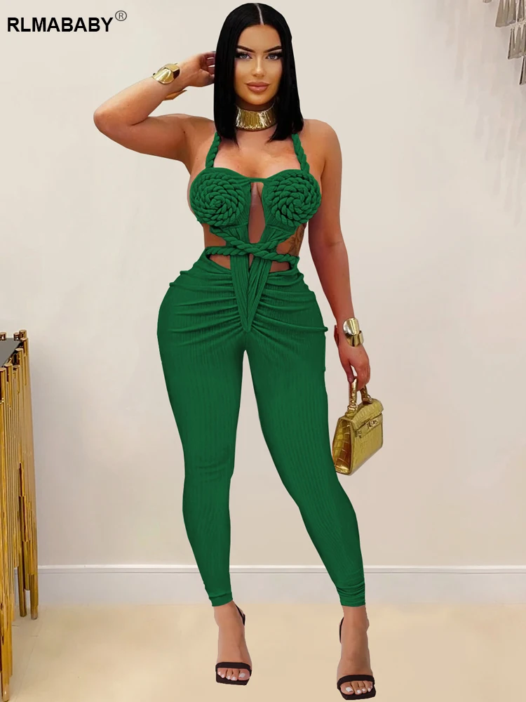 

RLMABABY Sexy Backless Ruched Women Bodycon Jumpsuit Women Halter Sleeveless Folds Club Party Slim Romper Overalls Jumpsuit