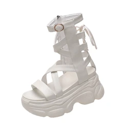 8.5cm New Summer Black Women Leather Sandals Cool Ankle Boots Platform Shoes Wedges Women's Sandals Fashion Outdoor Sandalias