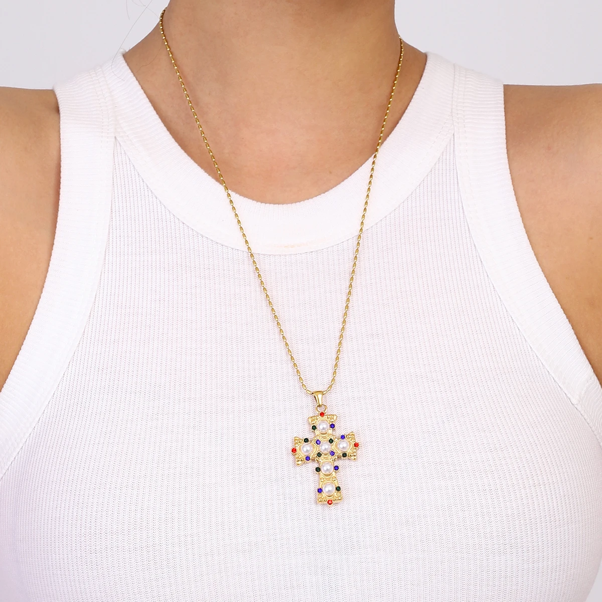 Youthway New Design Gold Plated Stainless Steel Imitation Pearl Colorful Zircon Cross Pendant Necklace Waterproof Unisex Jewelry