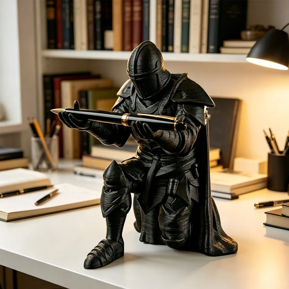 3D Printed Medieval Knight Pen Holder Black Silver Warrior Statue Desk Organizer Creative Office Desktop Decor Stationery Gift