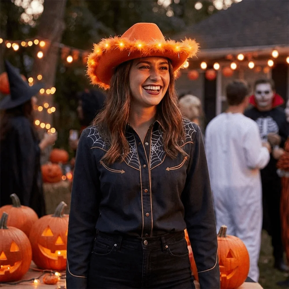 Jazz Hat Furry Trim Light Up Western Cowboy Hat Wide Brim Solid Color Costume Hat Ethnic Style LED Cowboy Hat Halloween