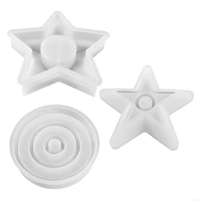 H58E Star Round Candlestick Siliocne Mold DIY Handmade Plaster Epoxy Resin Tray Mold