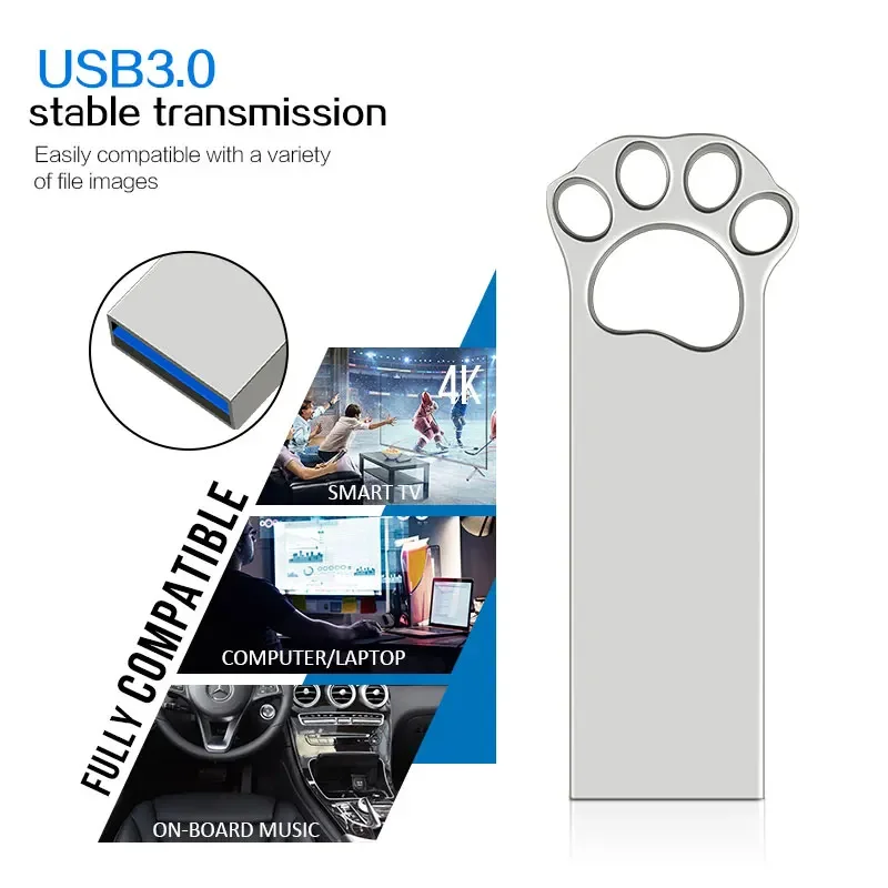 Cute Cat Paw USB 3.0 Metal Pendrive, Flash Drive, Memory Stick, Real Capacity USB, 512GB, 8GB, 16GB, 32GB, 64GB, 128GB